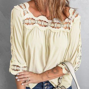 Beige Hollow Trim Crochet Shirt